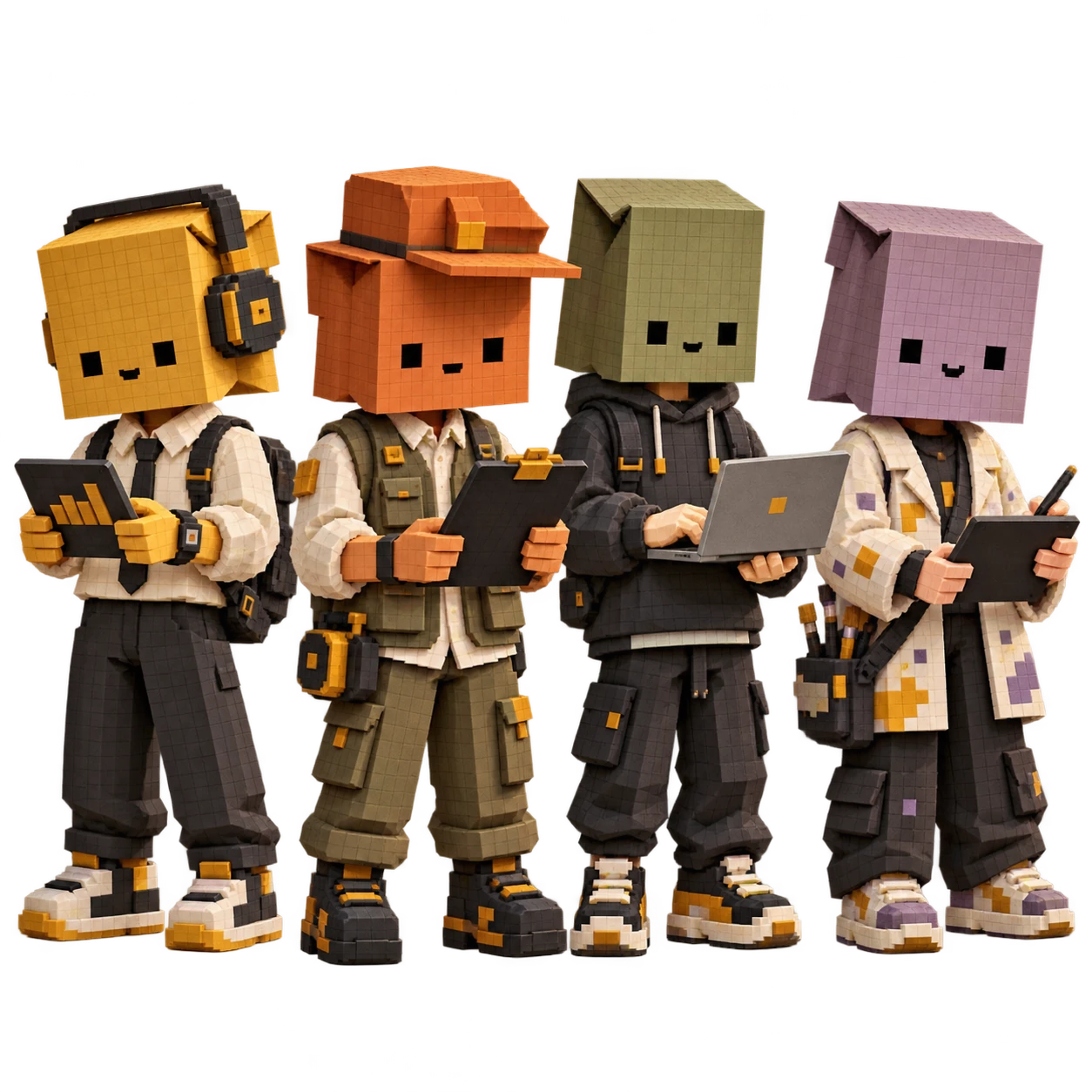 Four detailed voxel Bag Worker characters